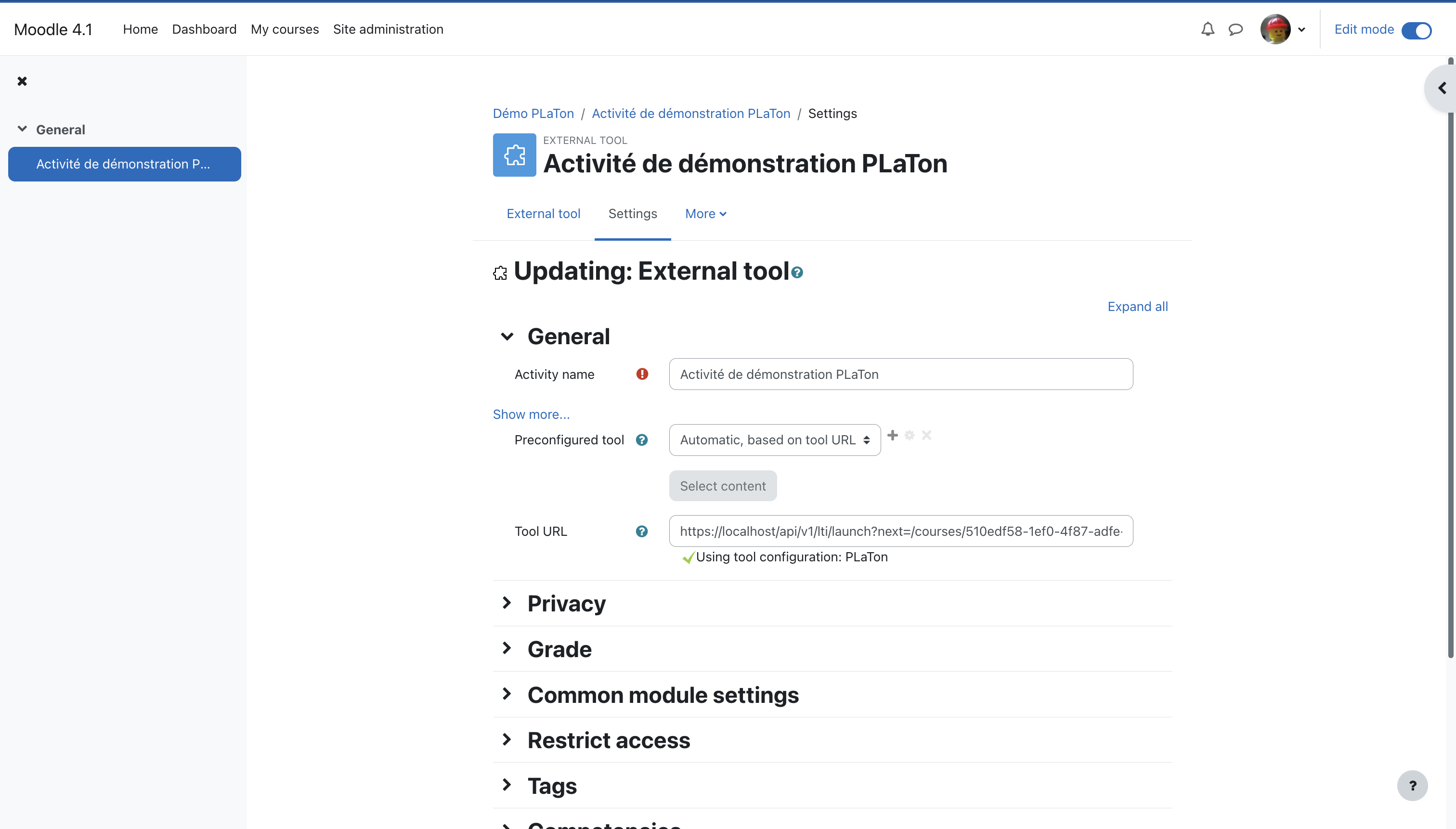 Configuration Cours LTI dans Moodle