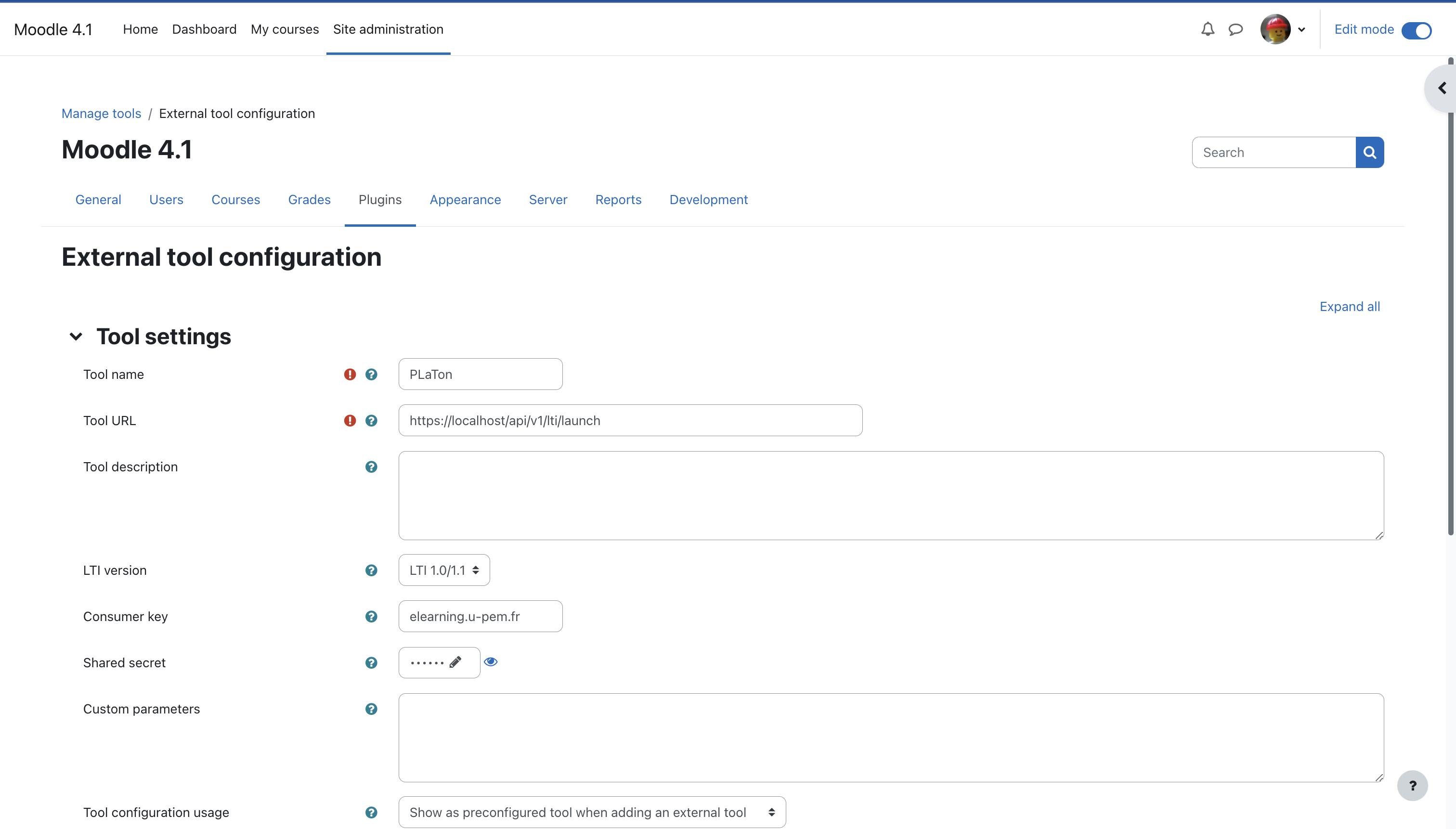 Configuration LTI dans Moodle